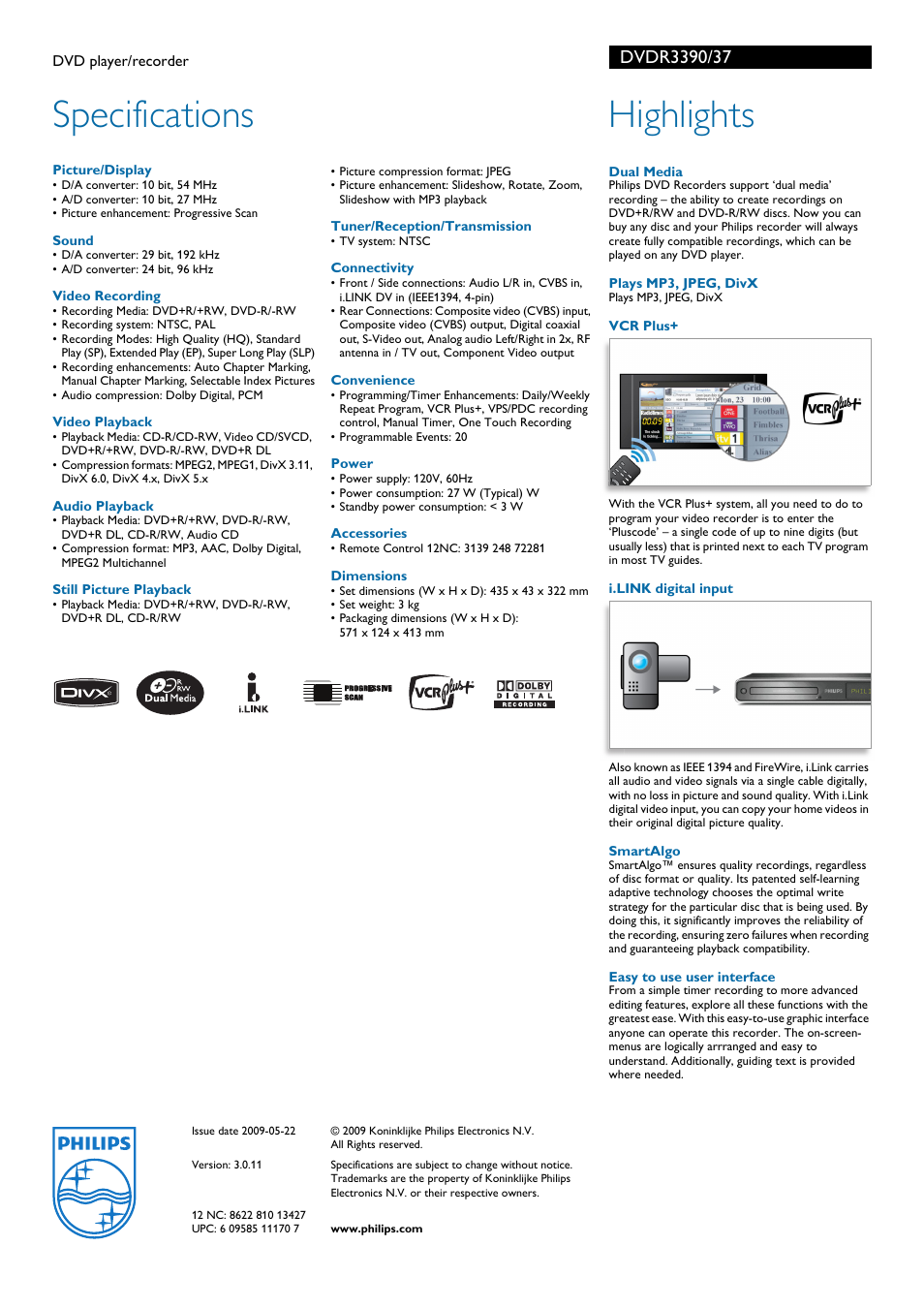 Specifications, Highlights | Philips DVD Player-Recorder User Manual | Page 2 / 2