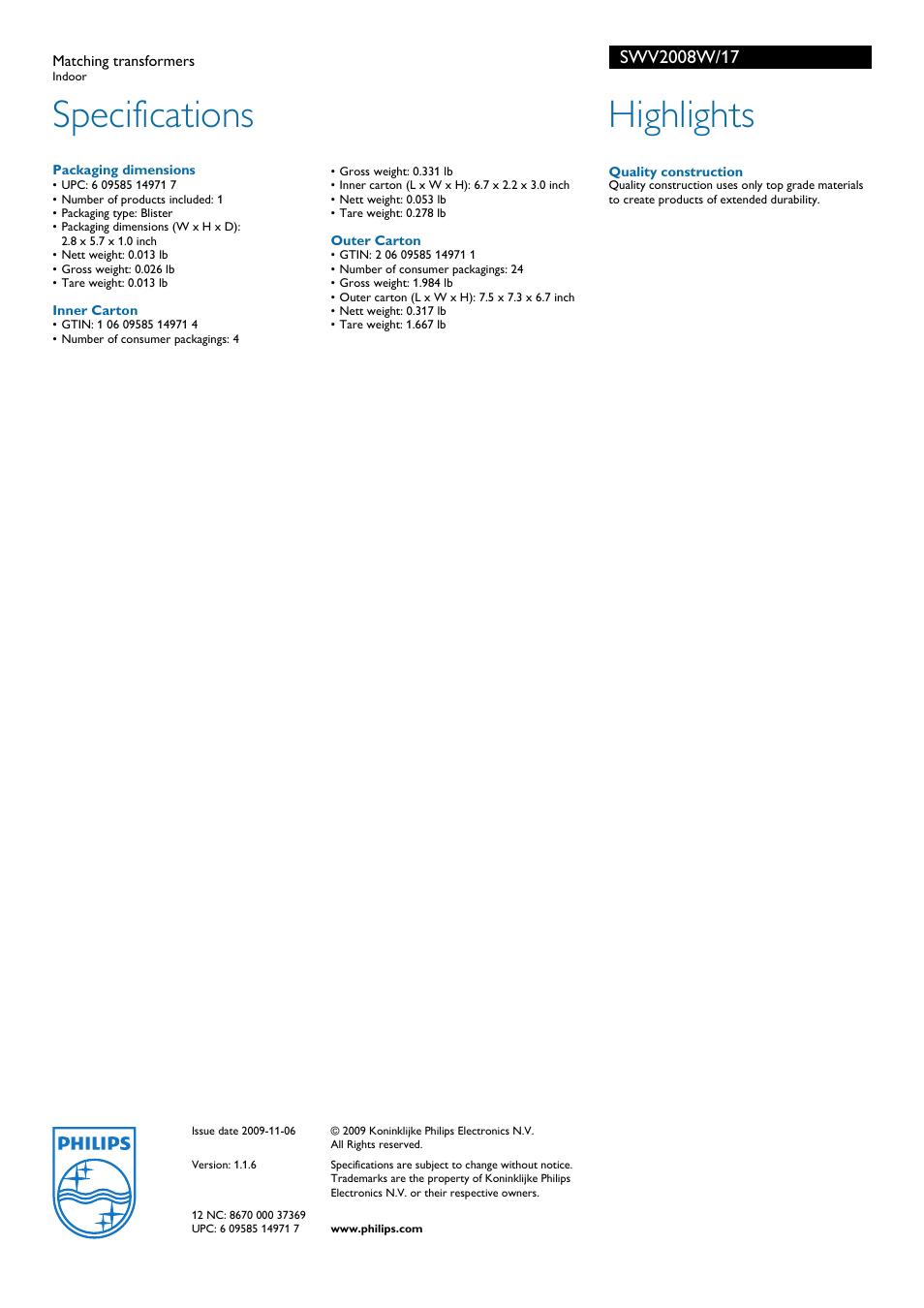 Specifications, Highlights | Philips SWV2008W-17 User Manual | Page 2 / 2