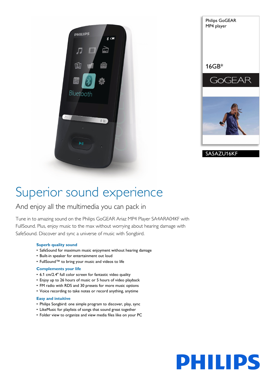 Philips GoGEAR MP4 player SA5AZU16KF 16GB* User Manual | 3 pages