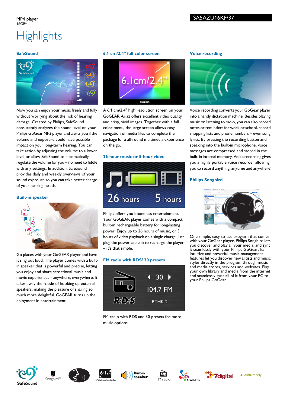 Highlights | Philips GoGEAR MP4 player SA5AZU16KF 16GB* User Manual | Page 2 / 3