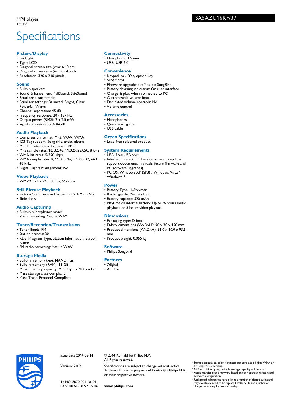 Specifications | Philips GoGEAR MP4 player SA5AZU16KF 16GB* User Manual | Page 3 / 3
