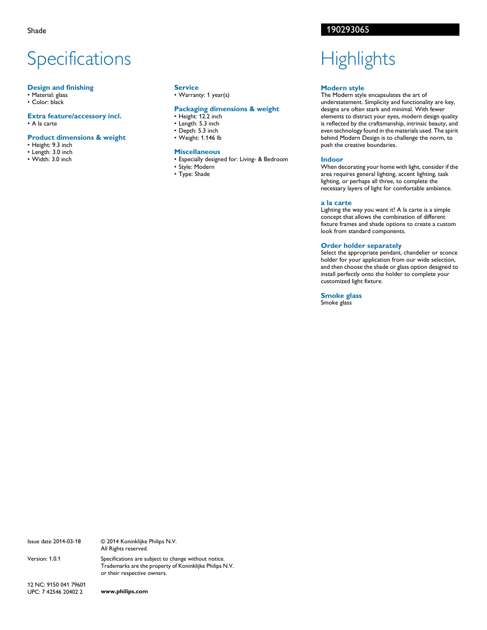 Specifications, Highlights | Philips 190293065 User Manual | Page 2 / 2