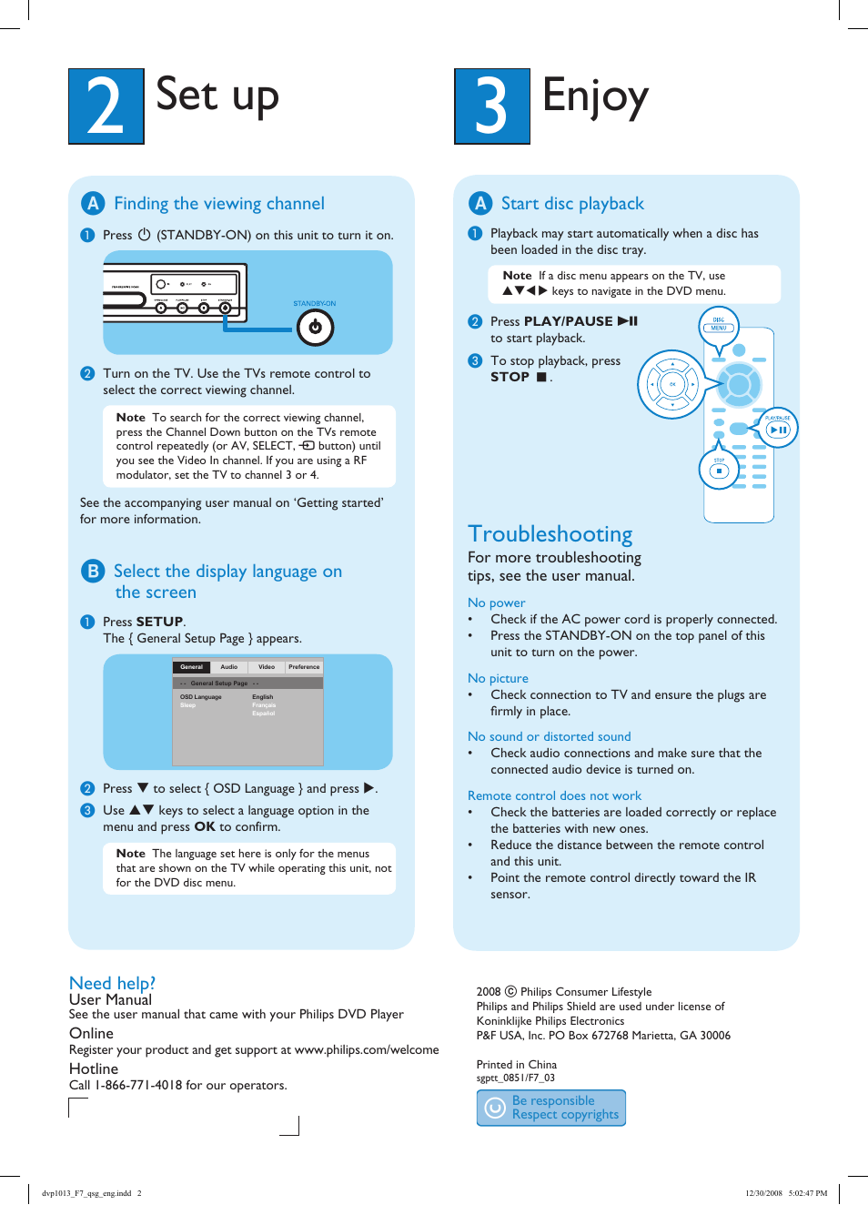 Enjoy, Set up, Troubleshooting | Finding the viewing channel, Select the display language on the screen, Need help, Start disc playback | Philips DVP1013-F7 User Manual | Page 2 / 2