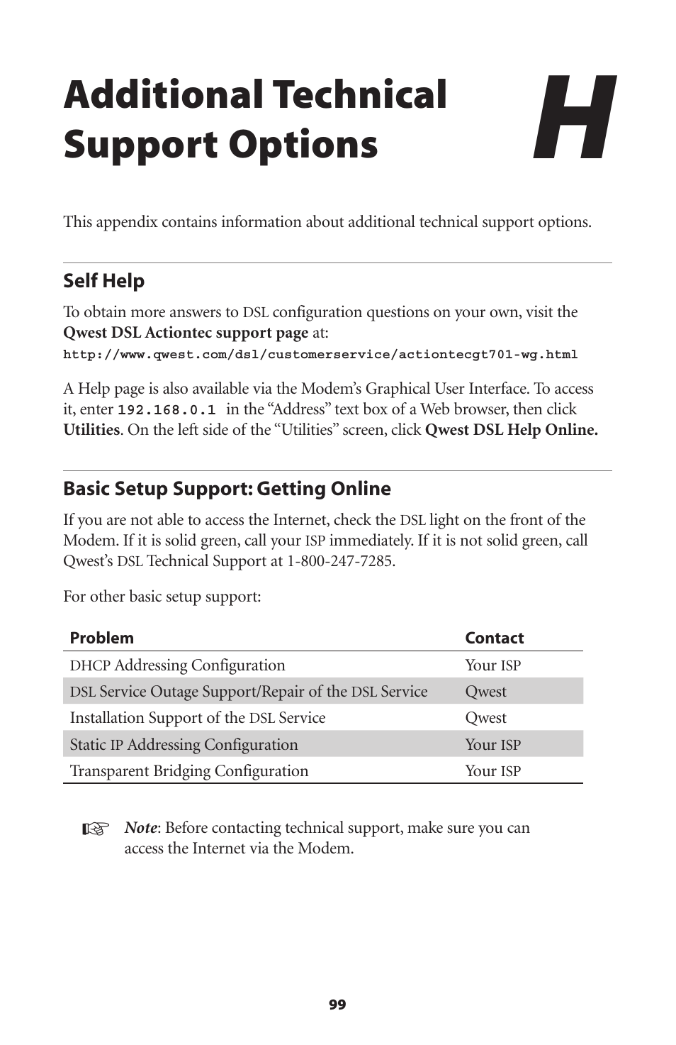 Additional technical support options, Self help, Basic setup support: getting online | 99 basic setup support: getting online | Actiontec electronic GT701R User Manual | Page 104 / 113