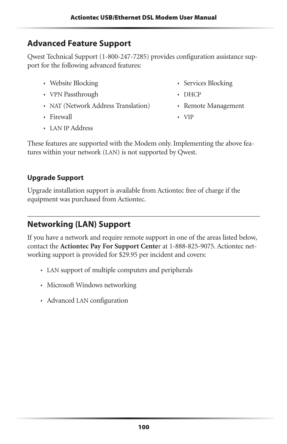 Advanced feature support, Networking (lan) support, 100 networking (lan) support | Actiontec electronic GT701R User Manual | Page 105 / 113