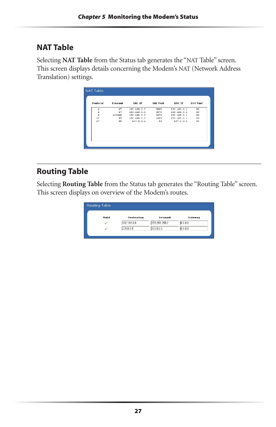 Nat table, Routing table, 27 routing table | Actiontec electronic GT701R User Manual | Page 32 / 113