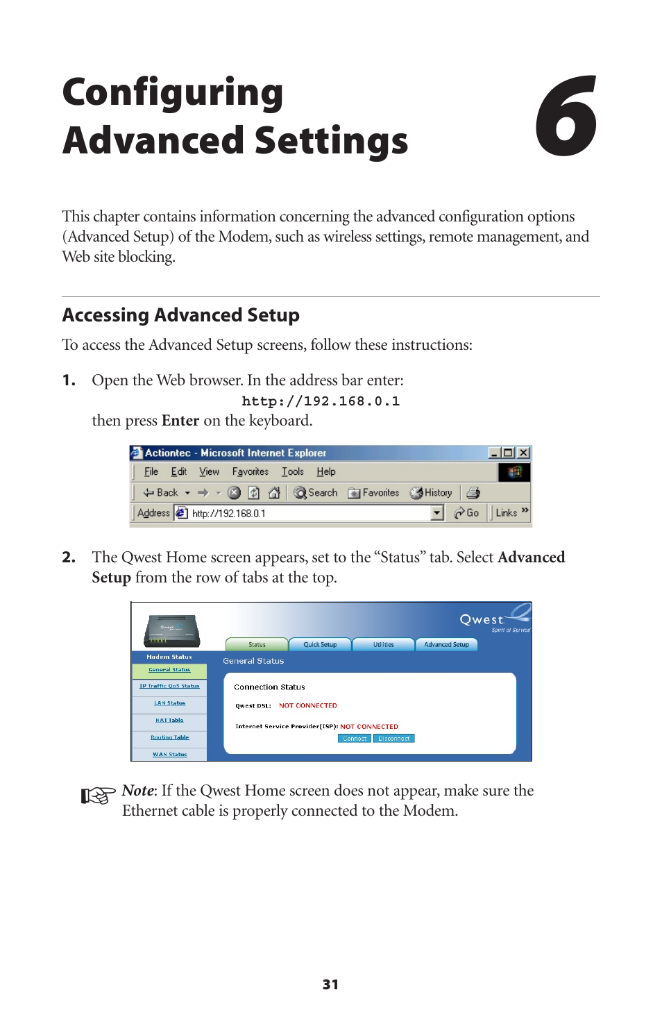 Configuring advanced settings, Accessing advanced setup | Actiontec electronic GT701R User Manual | Page 36 / 113