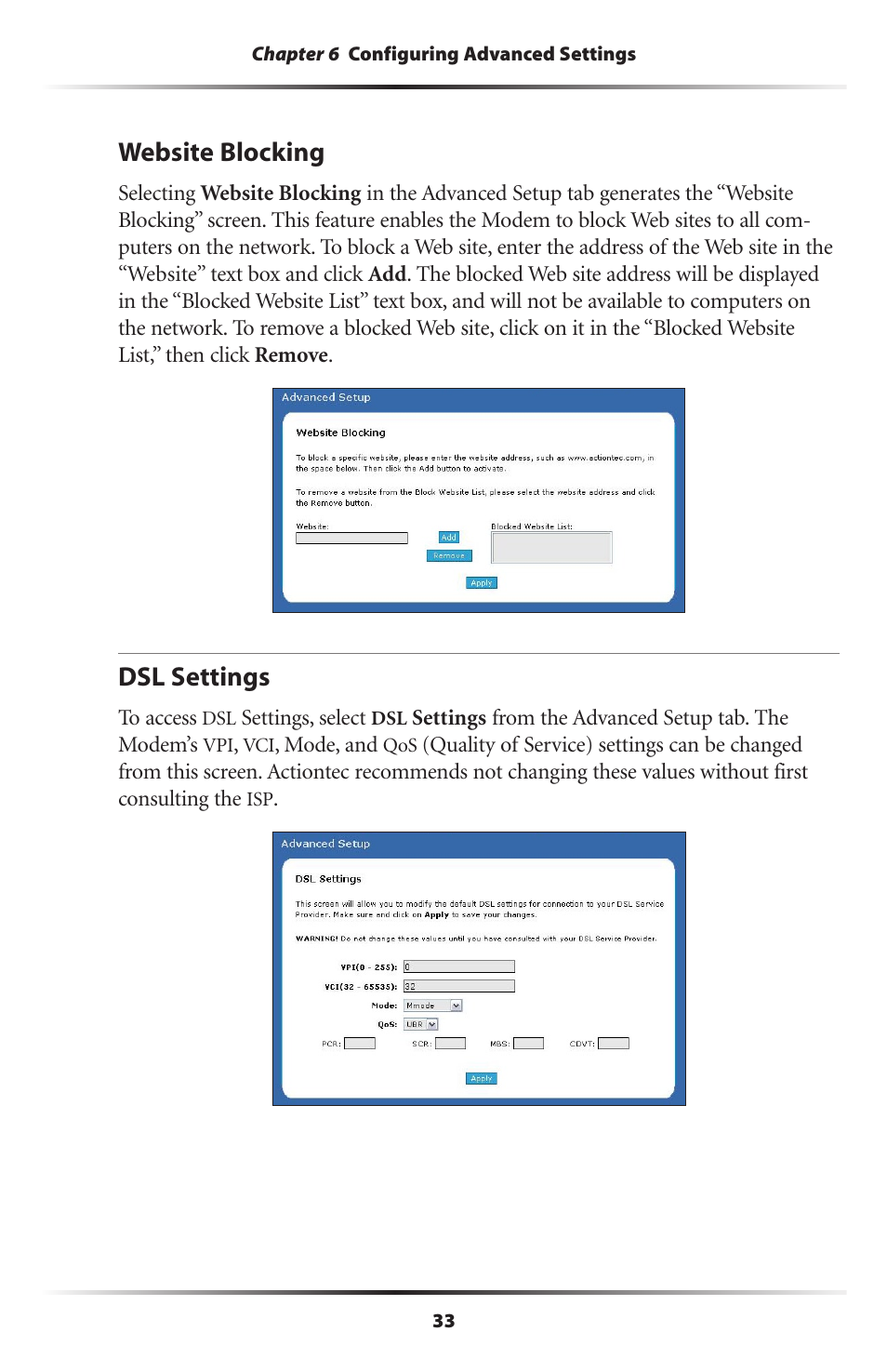 Website blocking, Dsl settings, 33 dsl settings | Actiontec electronic GT701R User Manual | Page 38 / 113