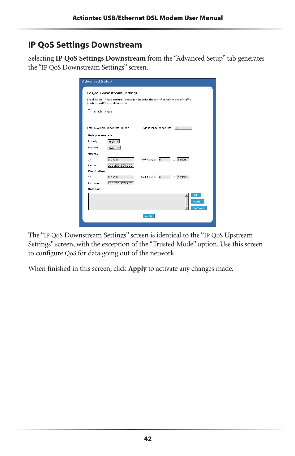 Ip qos settings downstream | Actiontec electronic GT701R User Manual | Page 47 / 113