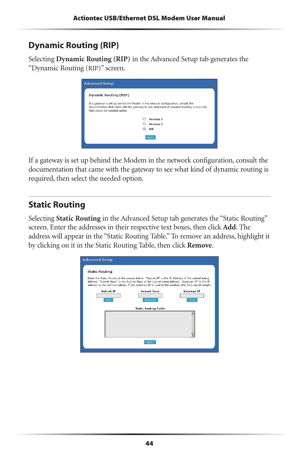 Dynamic routing (rip), Static routing, 44 static routing | Actiontec electronic GT701R User Manual | Page 49 / 113