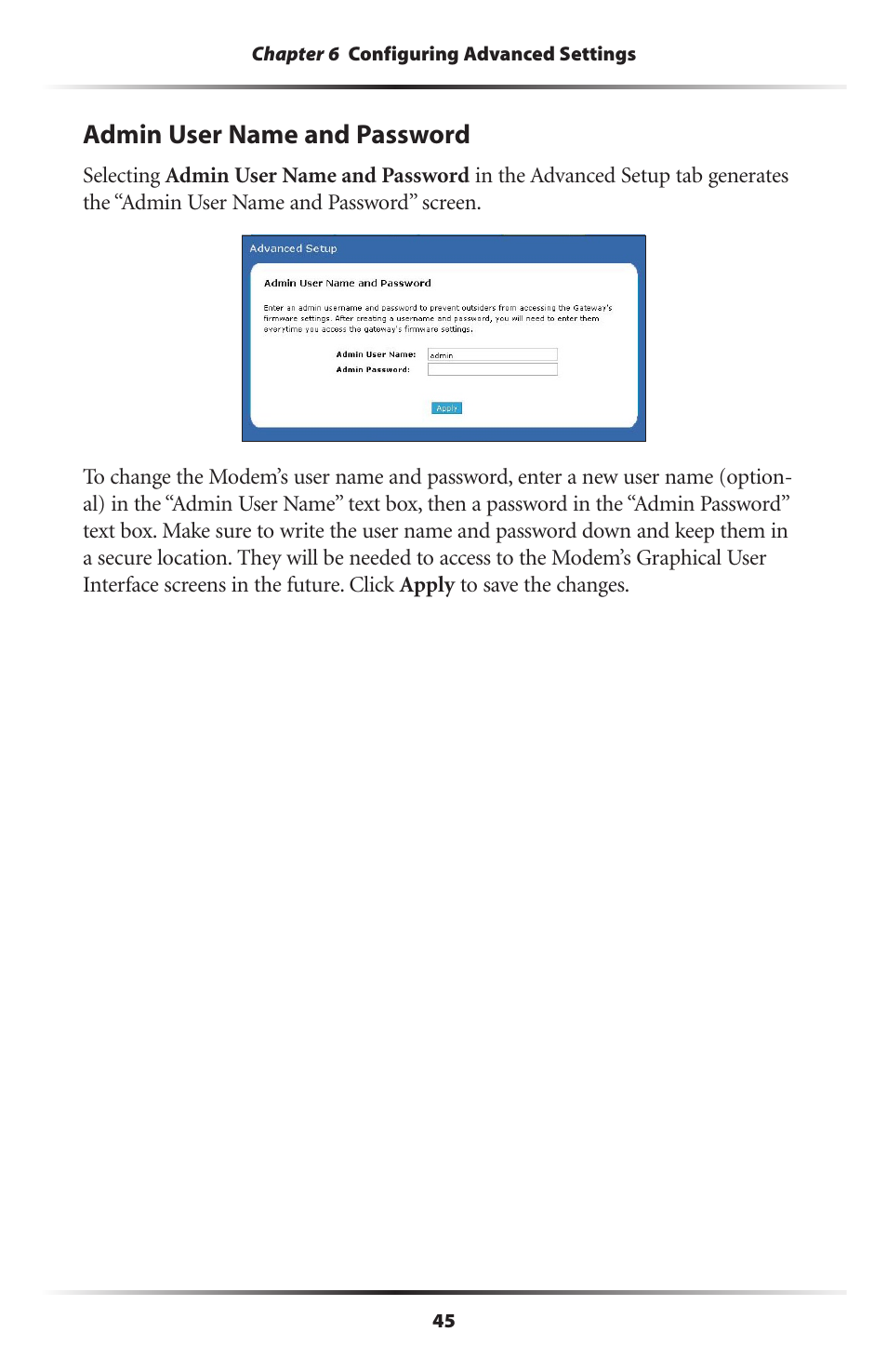 Admin user name and password, Admin user name and password 45 | Actiontec electronic GT701R User Manual | Page 50 / 113