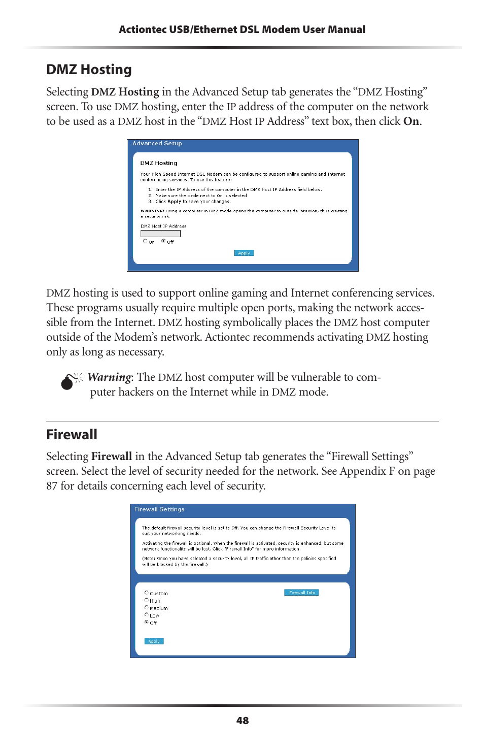 Dmz hosting, Firewall, 48 firewall | Actiontec electronic GT701R User Manual | Page 53 / 113