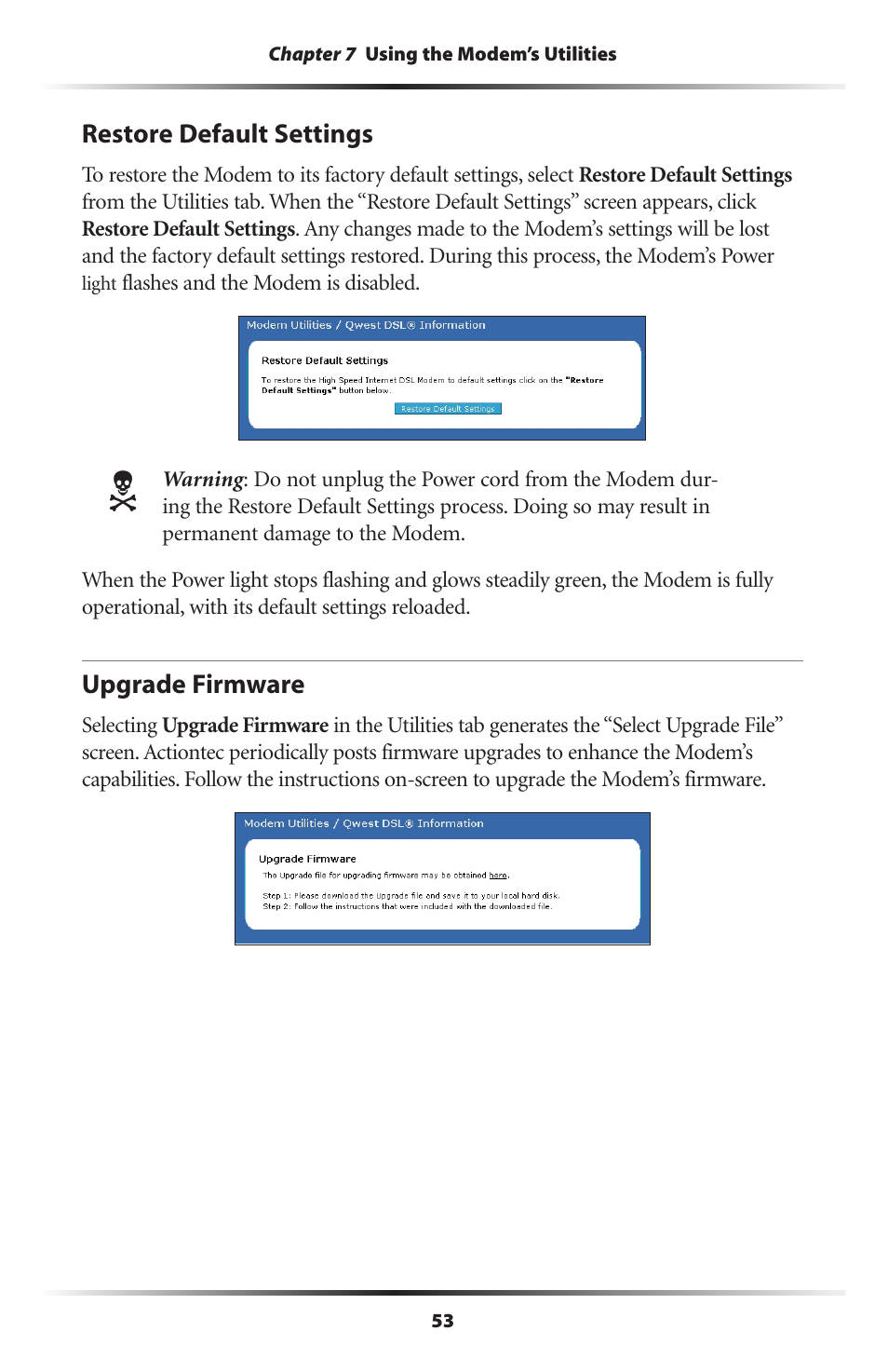 Restore default settings, Upgrade firmware, 53 upgrade firmware | Actiontec electronic GT701R User Manual | Page 58 / 113