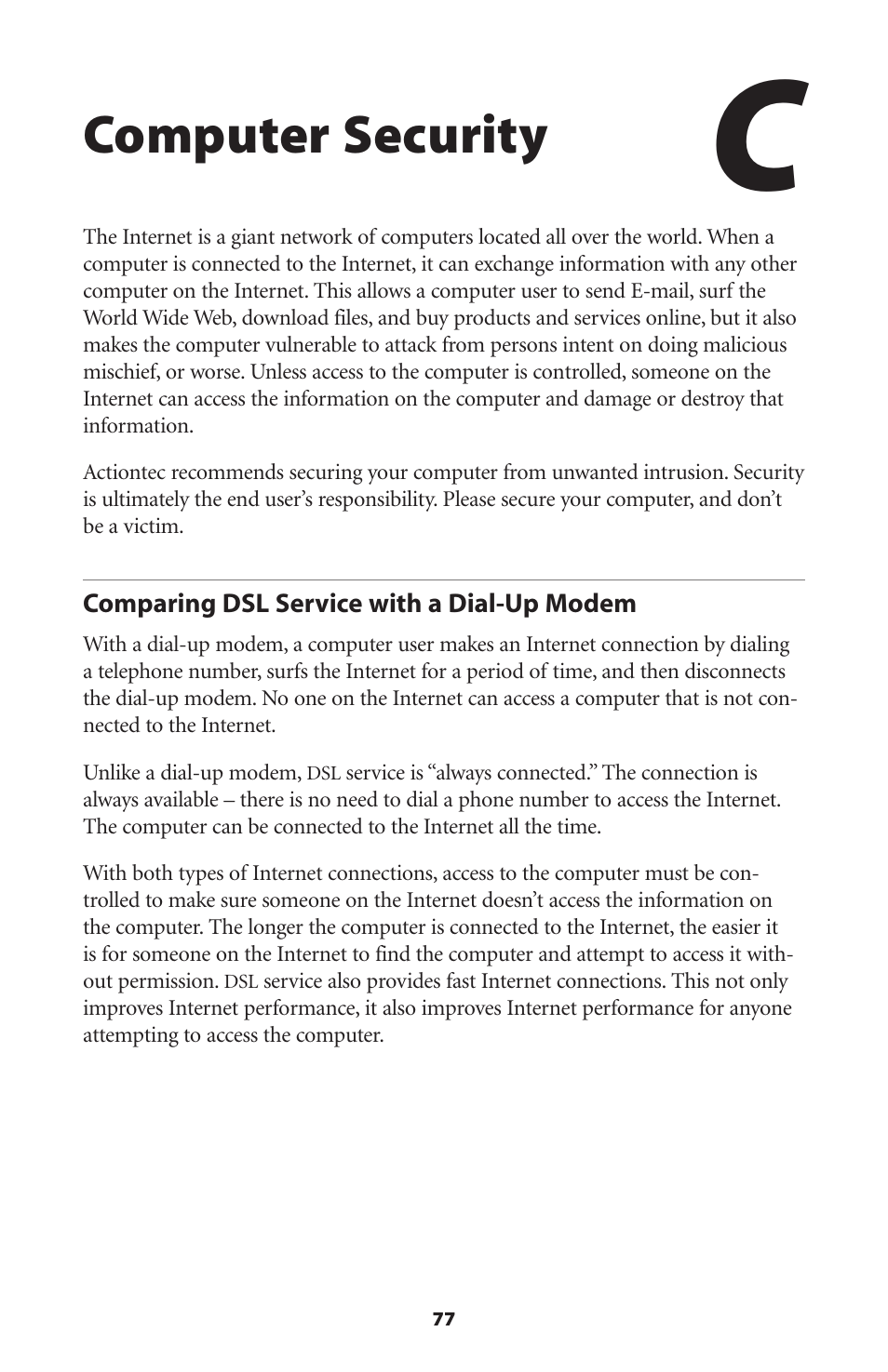 Computer security, Comparing dsl service with a dial-up modem | Actiontec electronic GT701R User Manual | Page 82 / 113