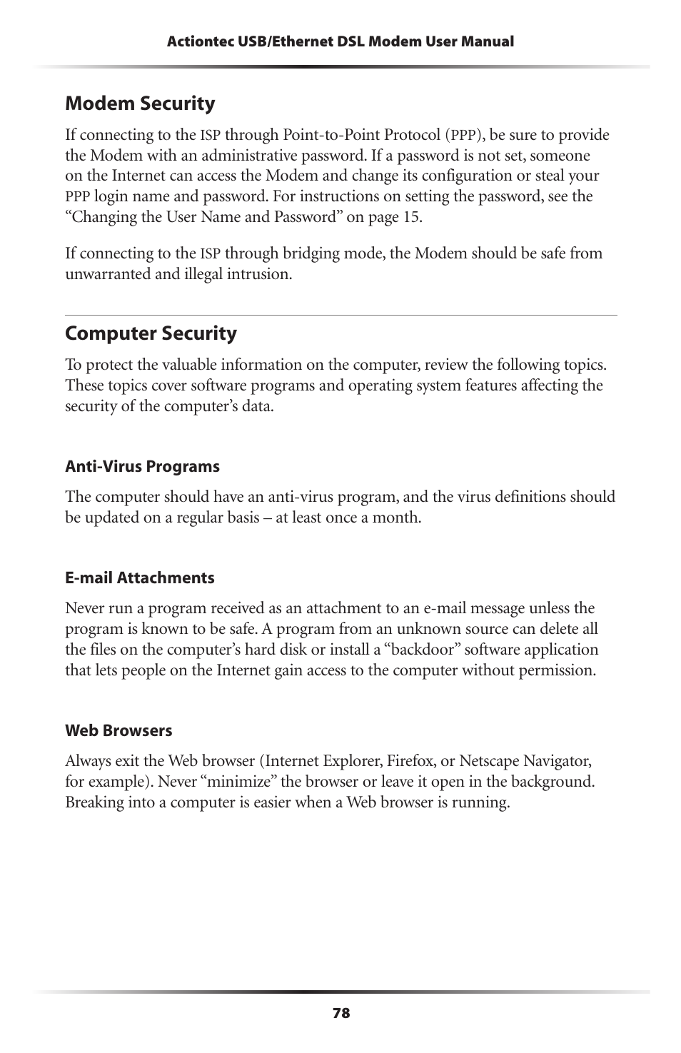 Modem security, Computer security, 78 computer security | Actiontec electronic GT701R User Manual | Page 83 / 113