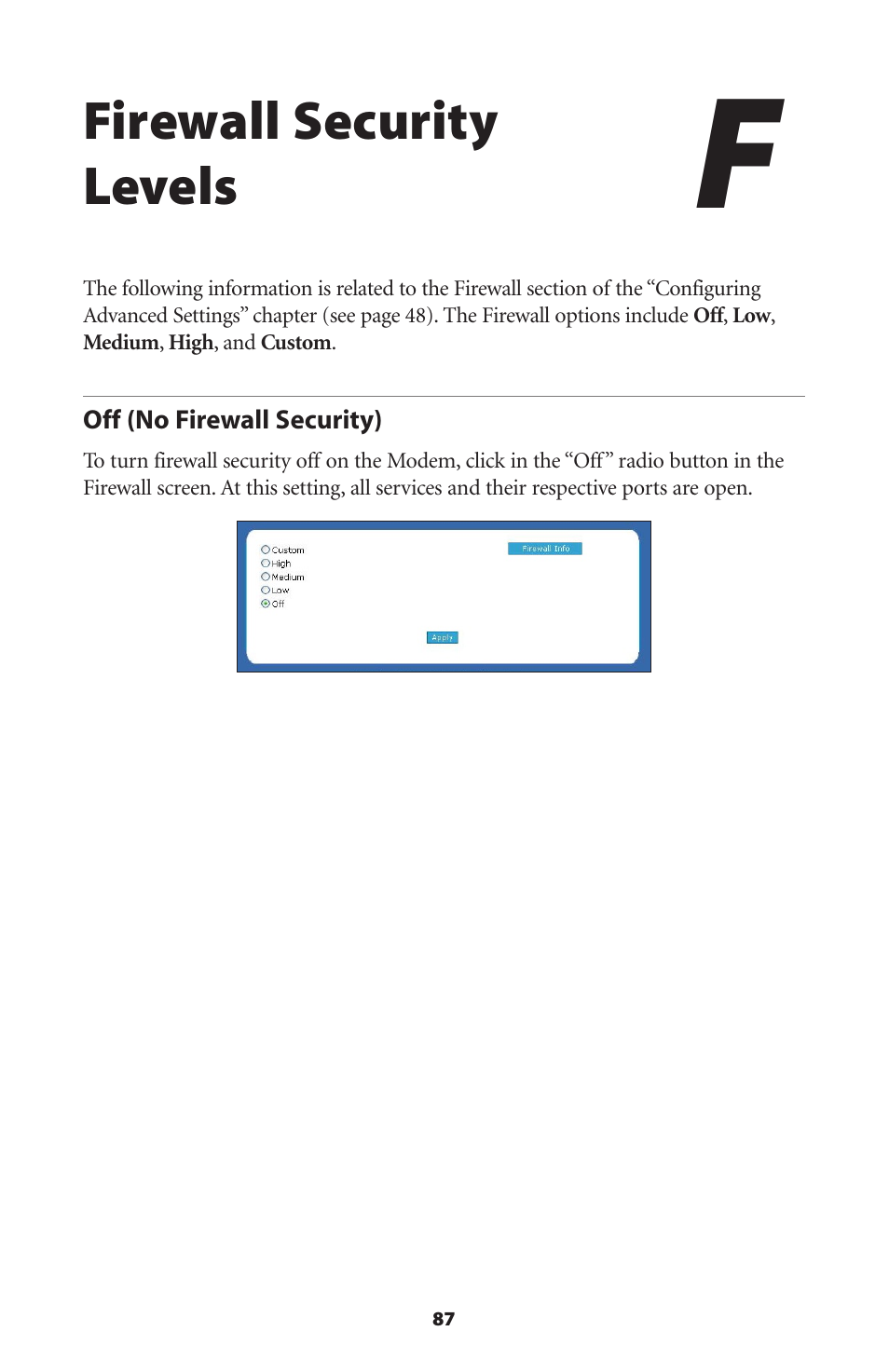 Firewall security levels, Off (no firewall security) | Actiontec electronic GT701R User Manual | Page 92 / 113