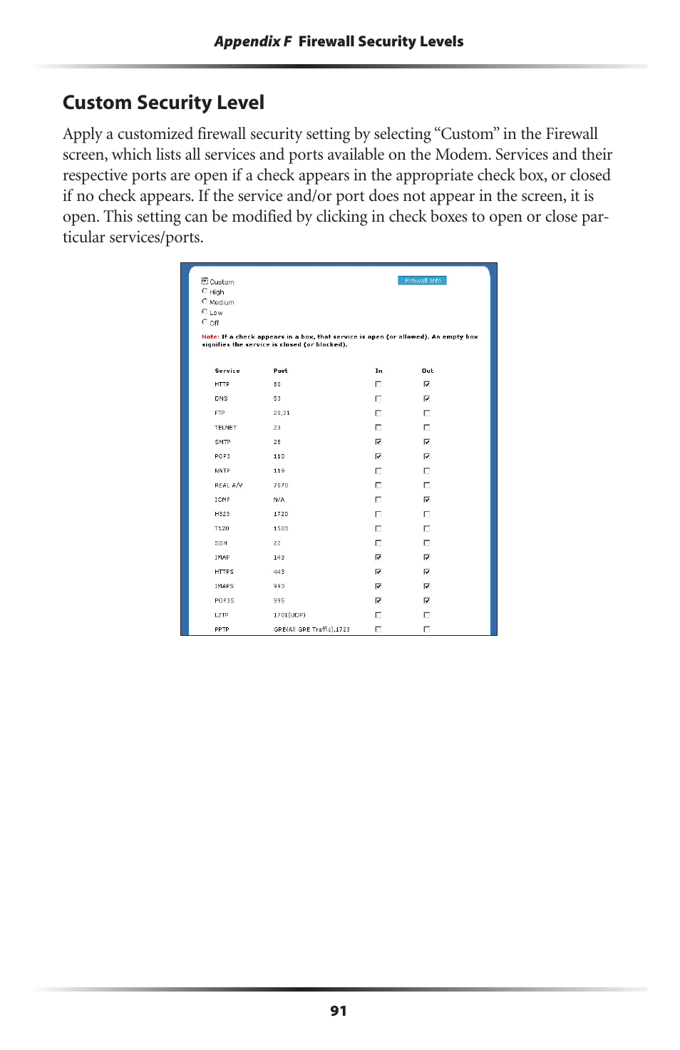 Custom security level | Actiontec electronic GT701R User Manual | Page 96 / 113
