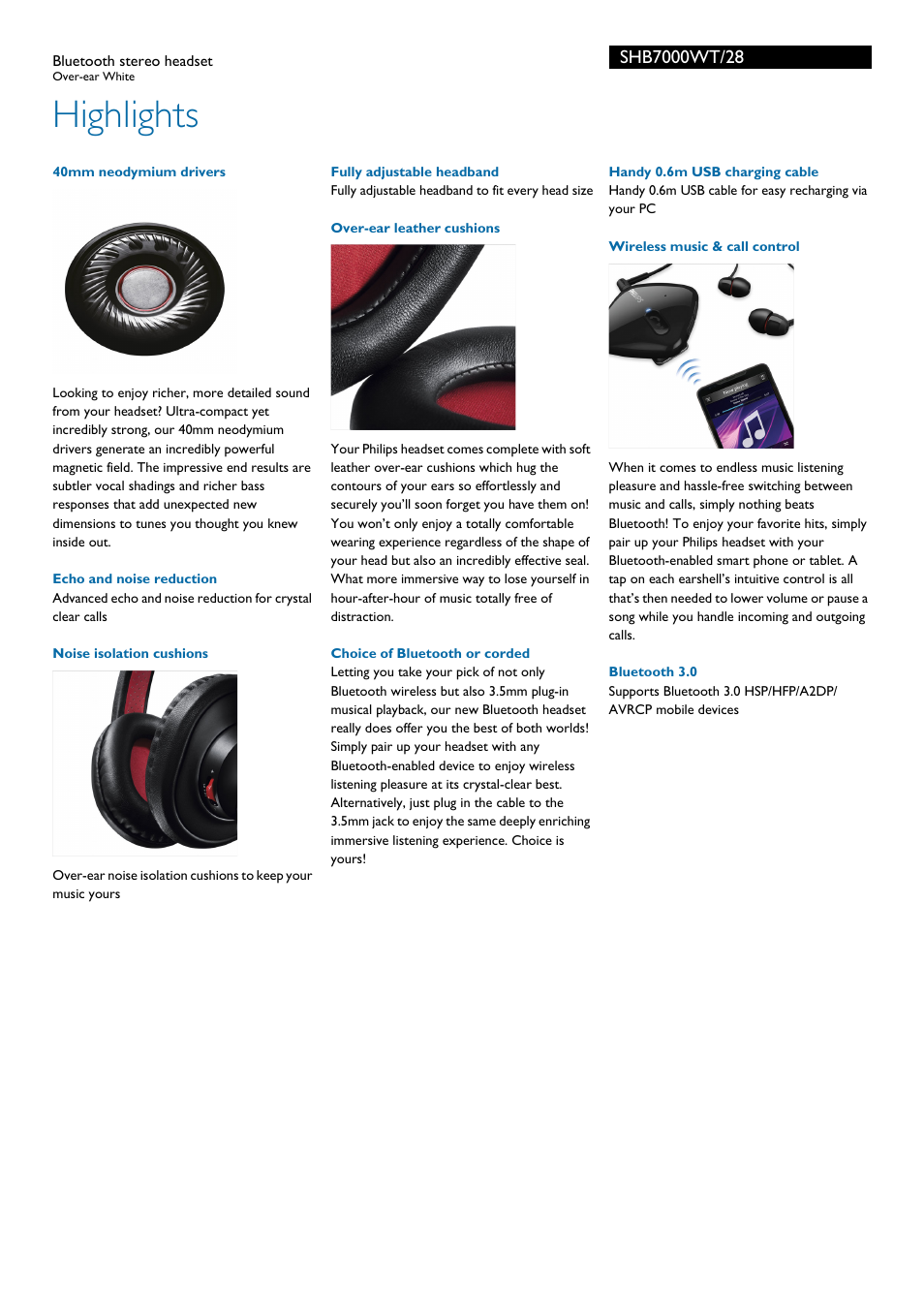 Highlights | Philips SHB7000WT-28 User Manual | Page 2 / 3
