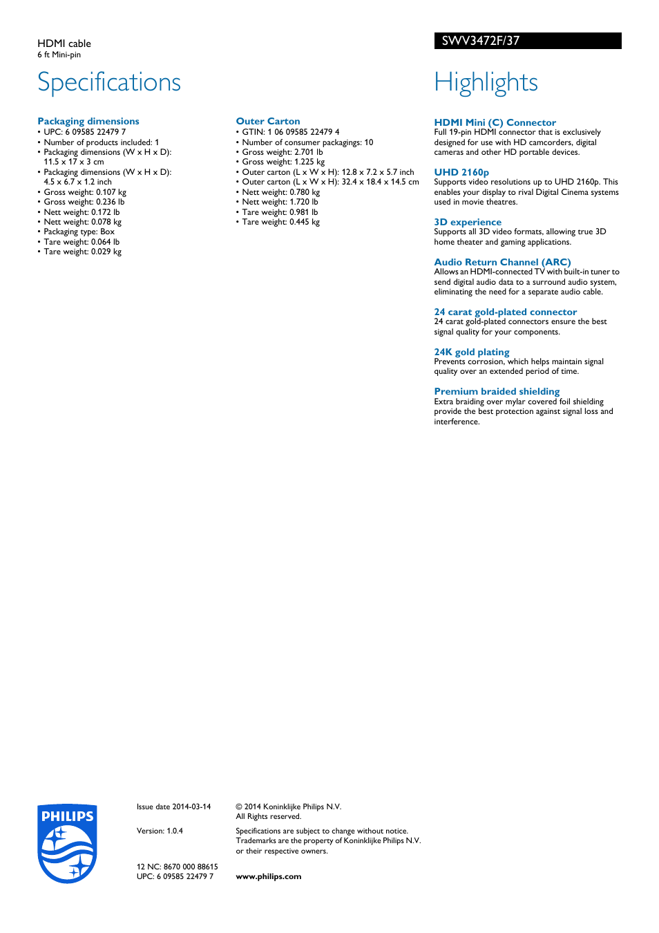 Specifications, Highlights | Philips SWV3472F-37 User Manual | Page 2 / 2