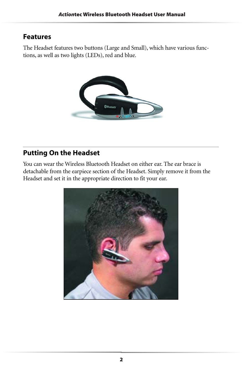 Features, Putting on the headset | Actiontec electronic BTHS-6023 User Manual | Page 5 / 21