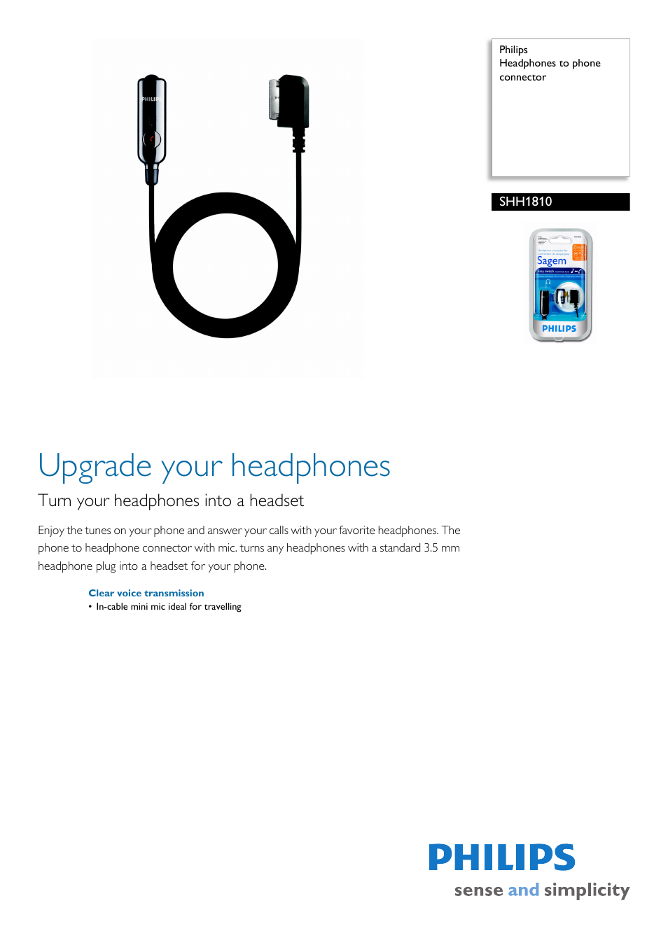 Philips Headphones to phone connector SHH1810 User Manual | 2 pages