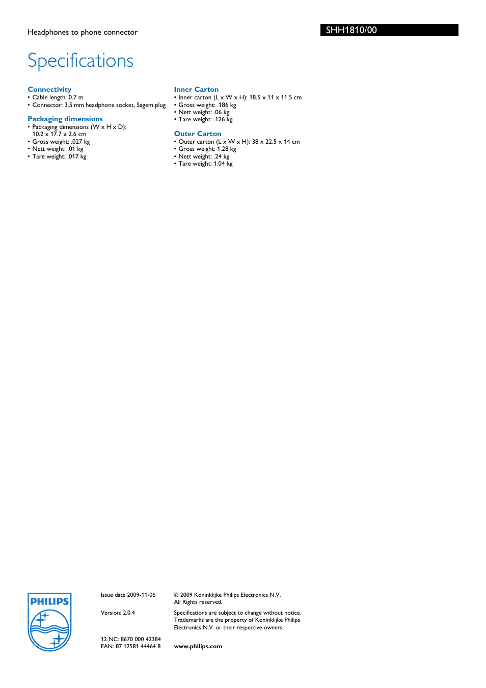 Specifications | Philips Headphones to phone connector SHH1810 User Manual | Page 2 / 2