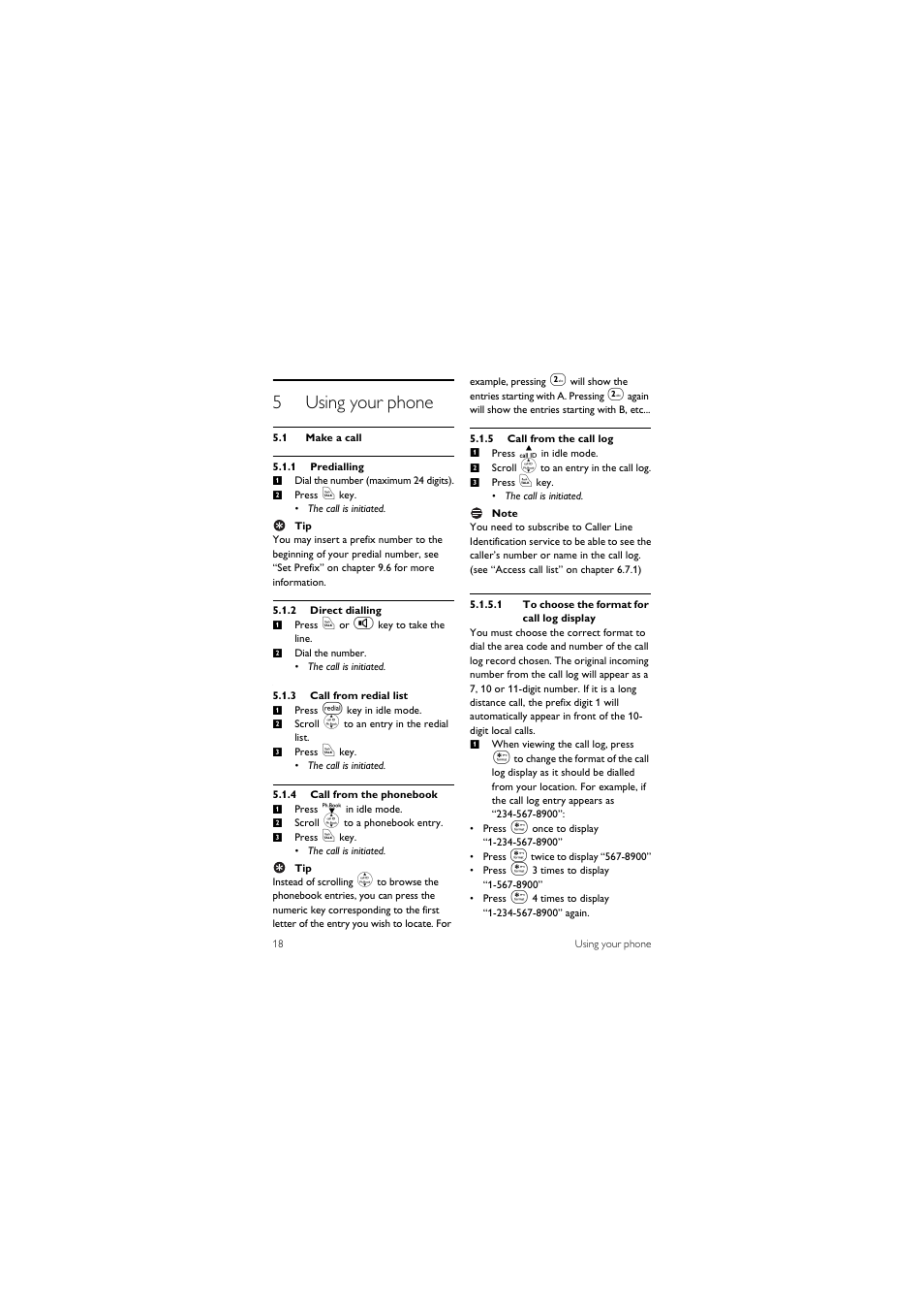 5 using your phone, 1 make a call, 5using your phone | Philips CD1501B-37 User Manual | Page 20 / 43