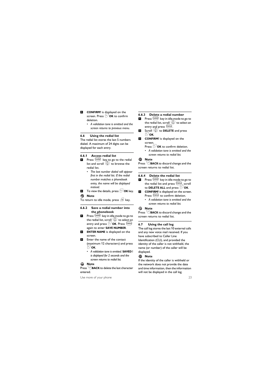 6 using the redial list, 7 using the call log | Philips CD1501B-37 User Manual | Page 25 / 43