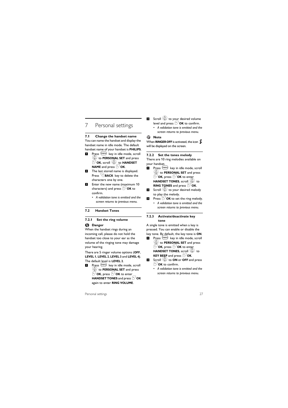 7 personal settings, 1 change the handset name, 2 handset tones | 7personal settings | Philips CD1501B-37 User Manual | Page 29 / 43