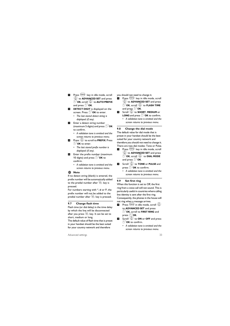 7 change flash time, 8 change the dial mode, 9 set first ring | Philips CD1501B-37 User Manual | Page 35 / 43