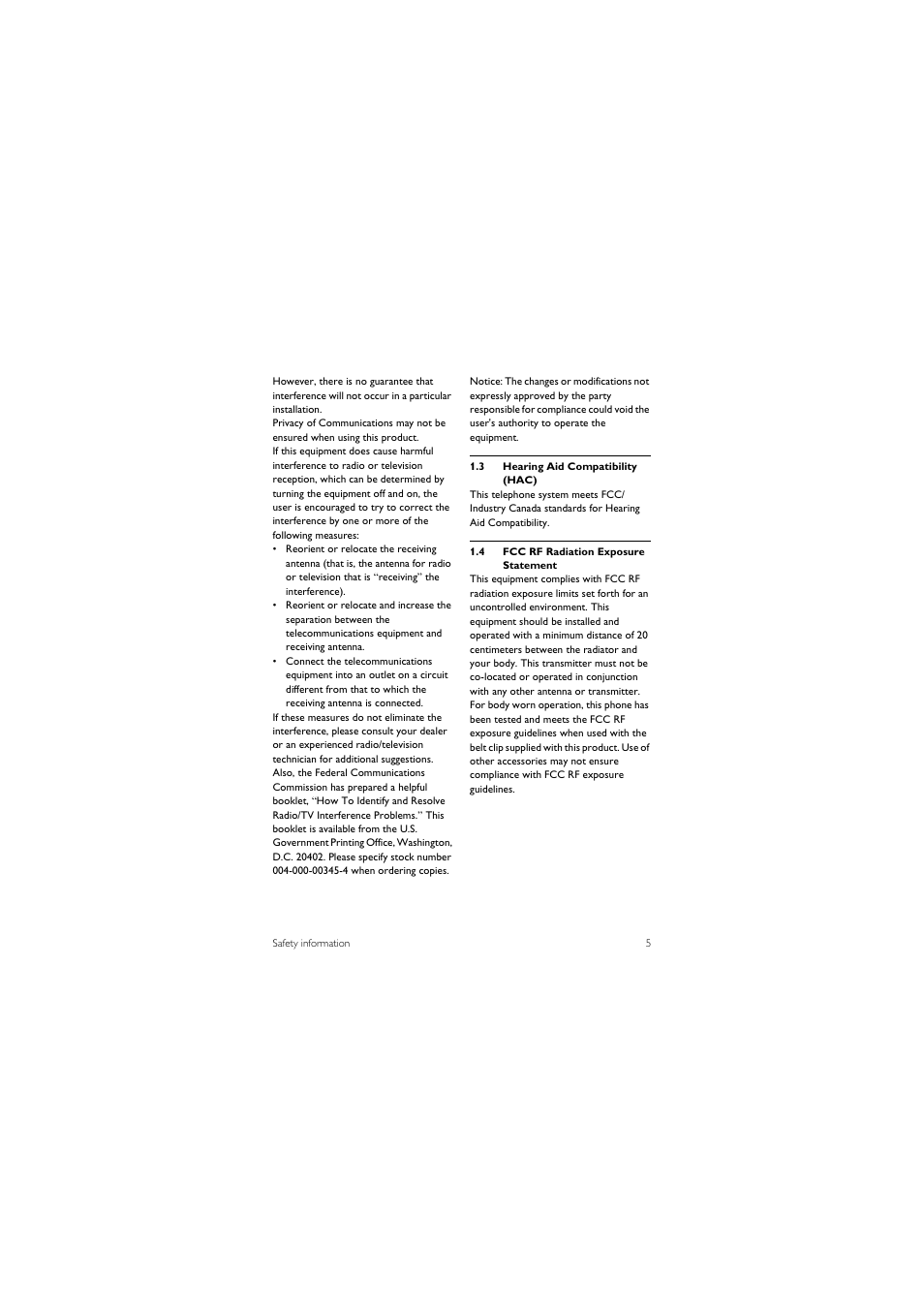 3 hearing aid compatibility (hac), 4 fcc rf radiation exposure statement | Philips CD1501B-37 User Manual | Page 7 / 43