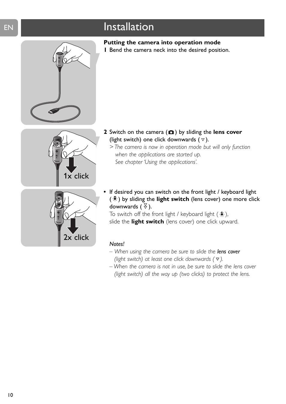 Installation, 1x click 2x click | Philips SPC611NC-37 User Manual | Page 10 / 22