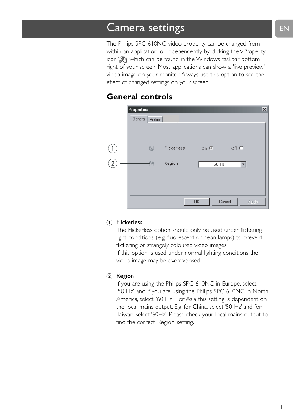 Camera settings, General controls | Philips SPC611NC-37 User Manual | Page 11 / 22