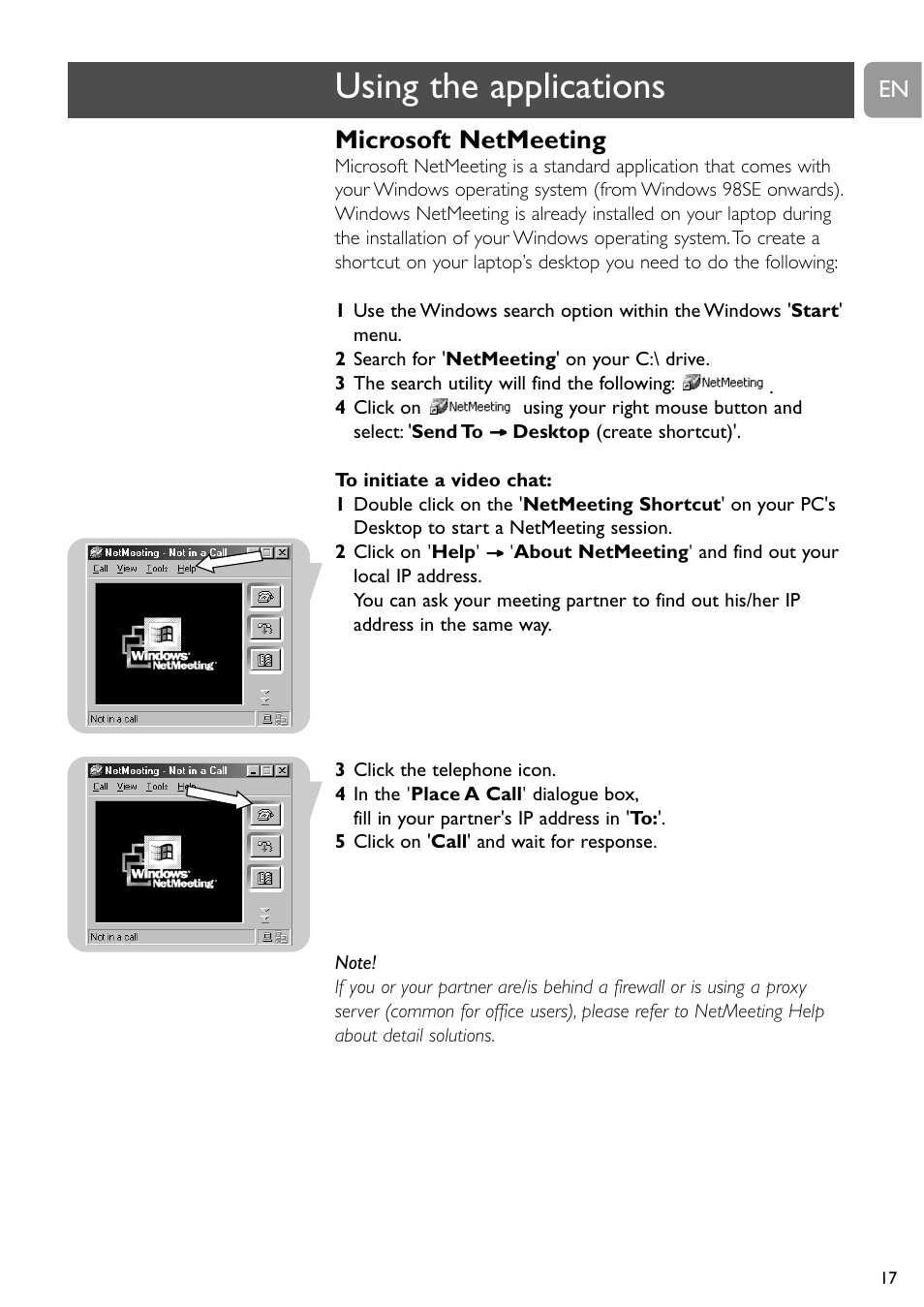 Using the applications, Microsoft netmeeting | Philips SPC611NC-37 User Manual | Page 17 / 22