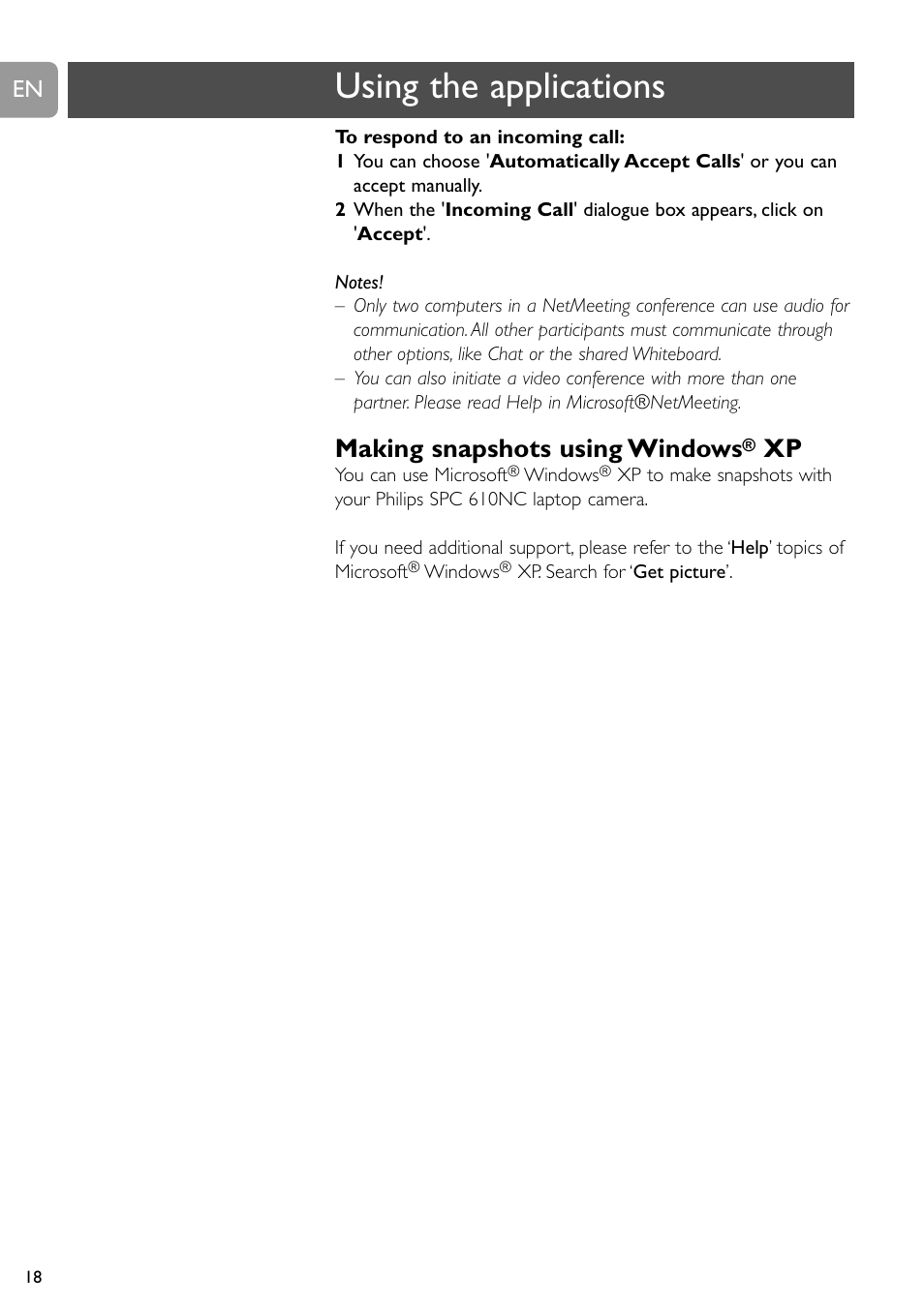 Using the applications, Making snapshots using windows | Philips SPC611NC-37 User Manual | Page 18 / 22
