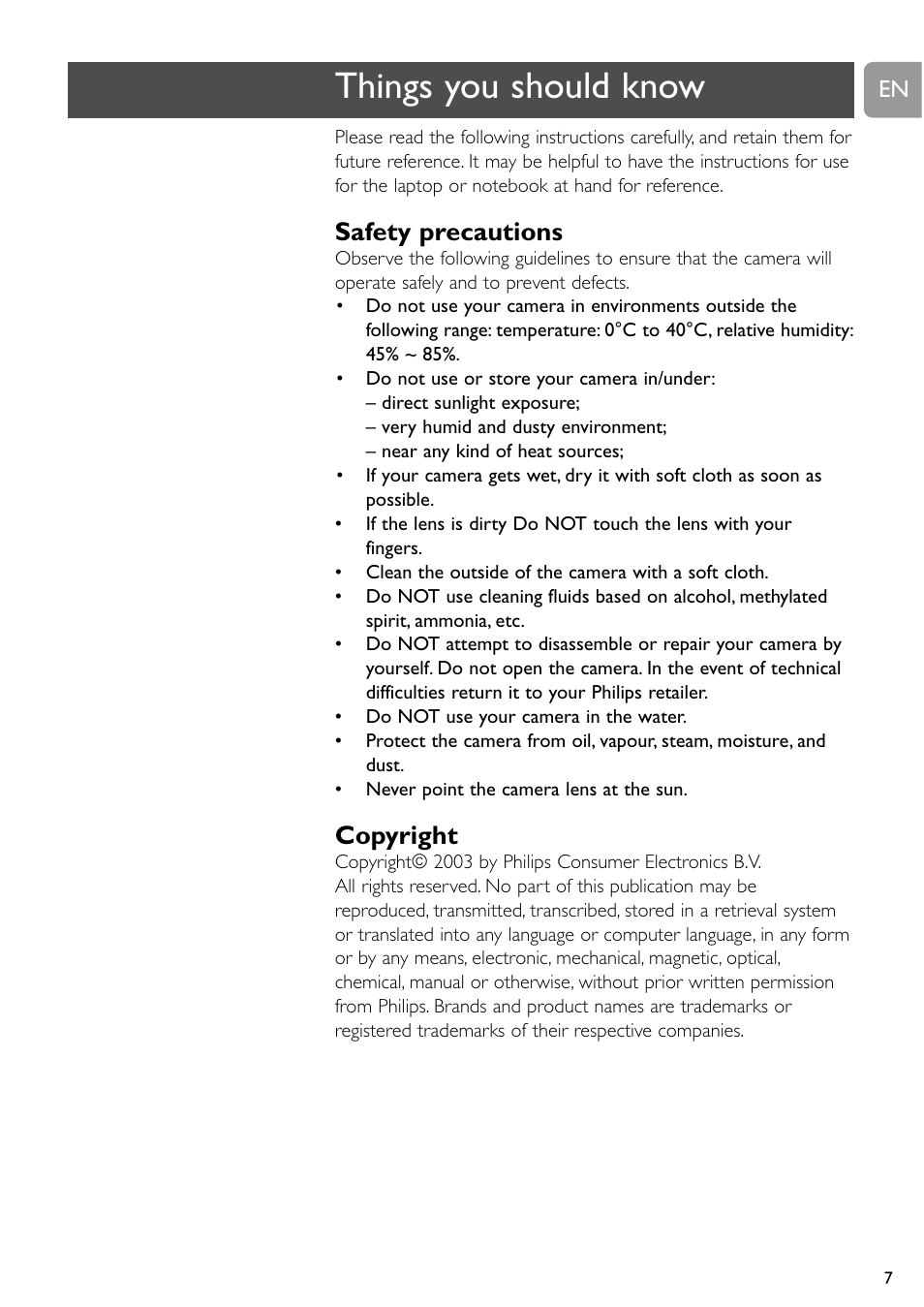 Things you should know, Safety precautions, Copyright | Philips SPC611NC-37 User Manual | Page 7 / 22