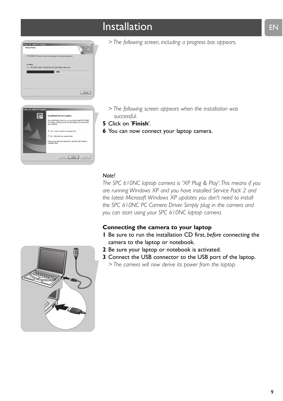 Installation | Philips SPC611NC-37 User Manual | Page 9 / 22