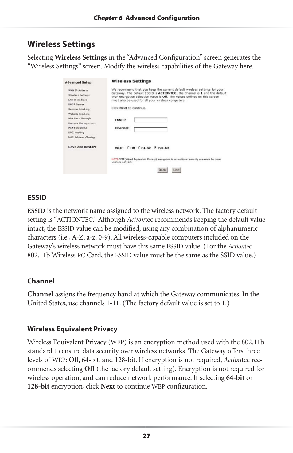 Wireless settings | Actiontec electronic Wireless-Ready User Manual | Page 30 / 69