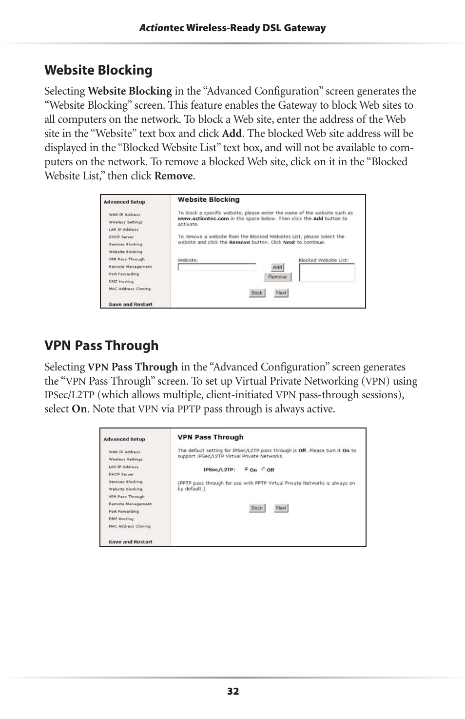 Website blocking, Vpn pass through | Actiontec electronic Wireless-Ready User Manual | Page 35 / 69