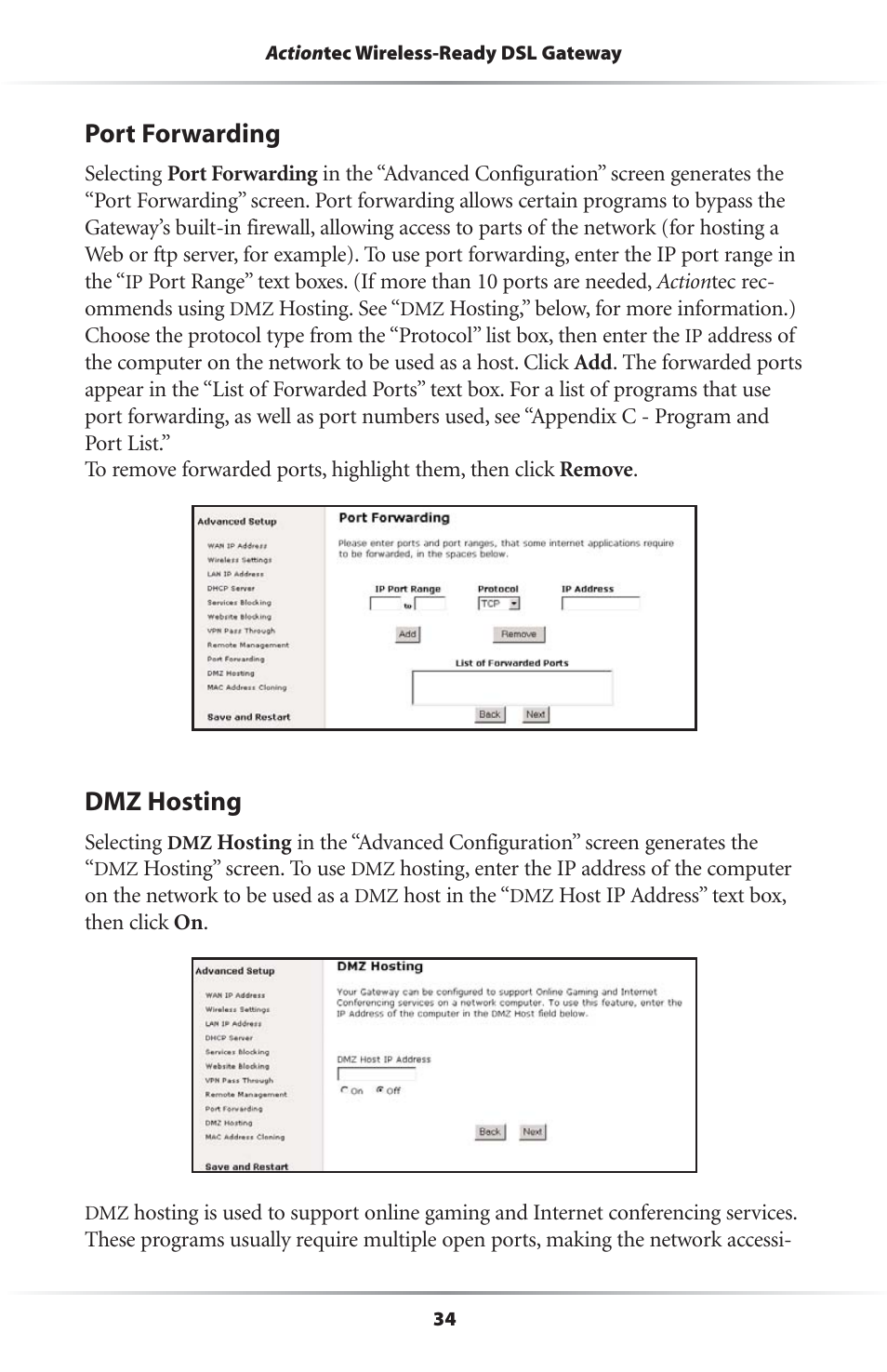 Port forwarding, Dmz hosting | Actiontec electronic Wireless-Ready User Manual | Page 37 / 69
