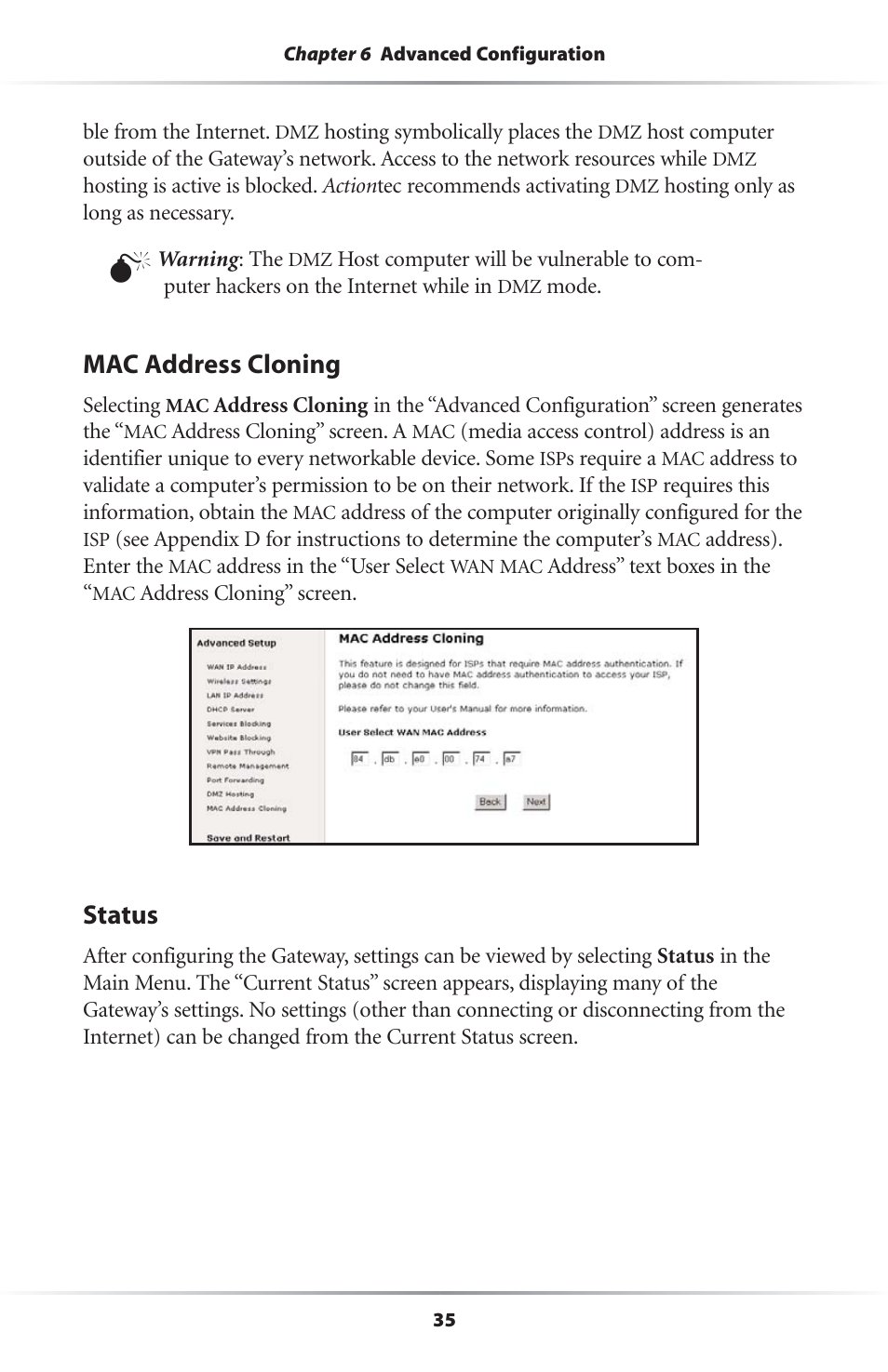 Mac address cloning, Status | Actiontec electronic Wireless-Ready User Manual | Page 38 / 69