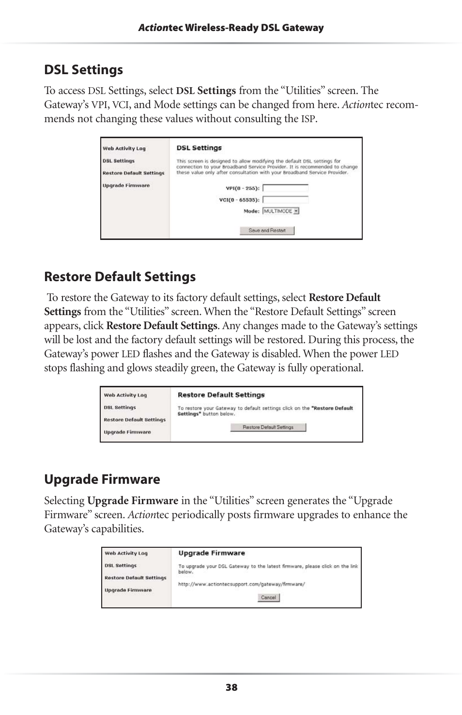 Dsl settings, Restore default settings, Upgrade firmware | Actiontec electronic Wireless-Ready User Manual | Page 41 / 69