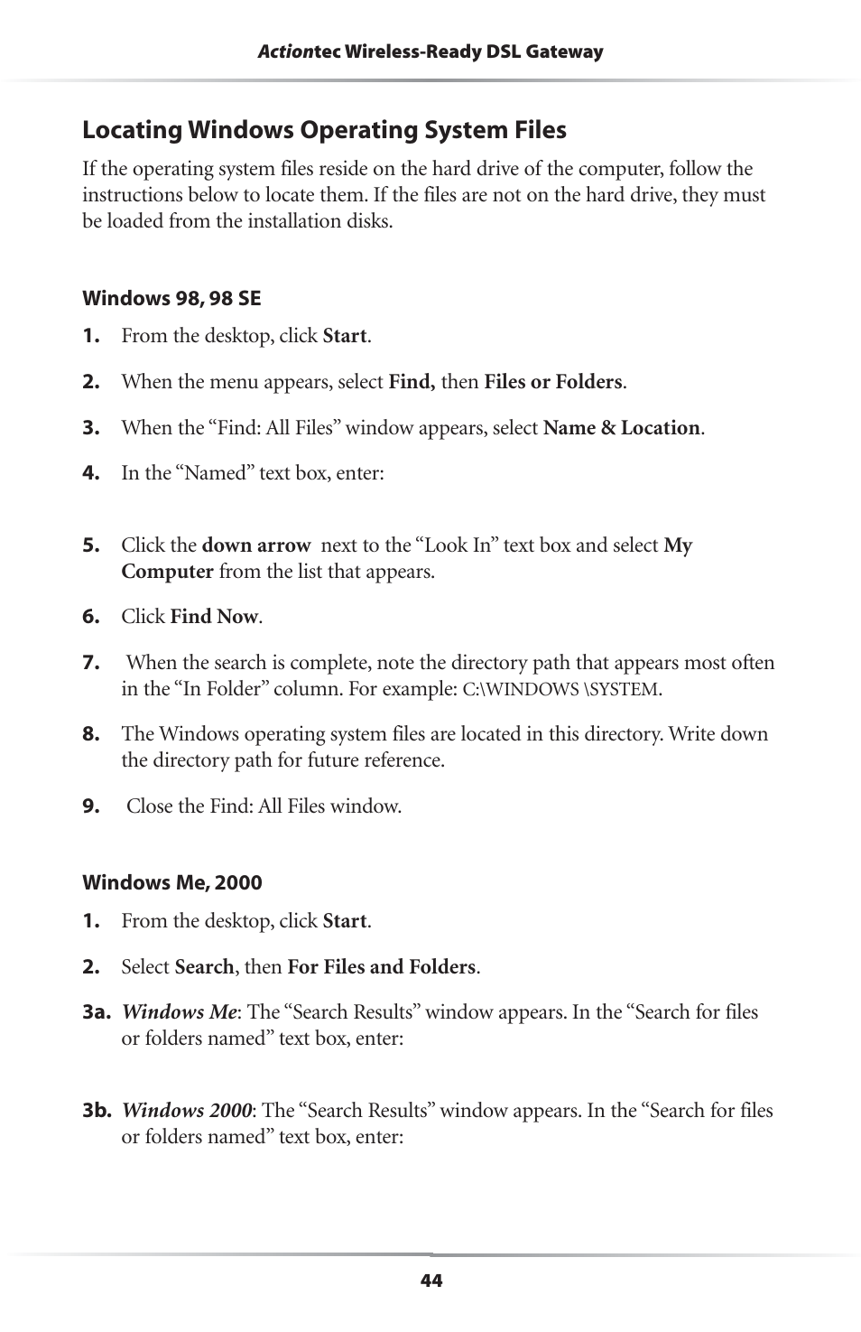 Locating windows operating system files | Actiontec electronic Wireless-Ready User Manual | Page 47 / 69