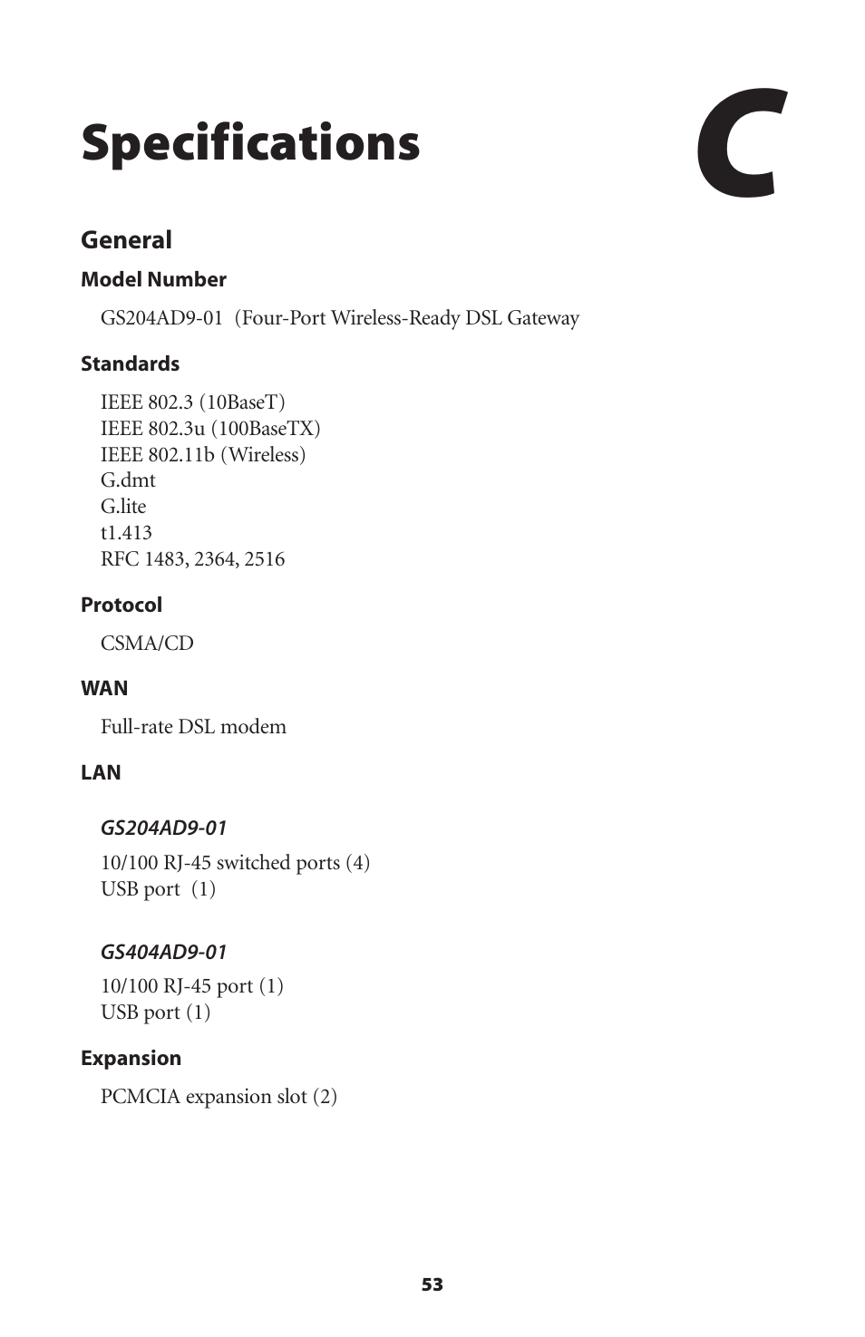 Specifications | Actiontec electronic Wireless-Ready User Manual | Page 56 / 69