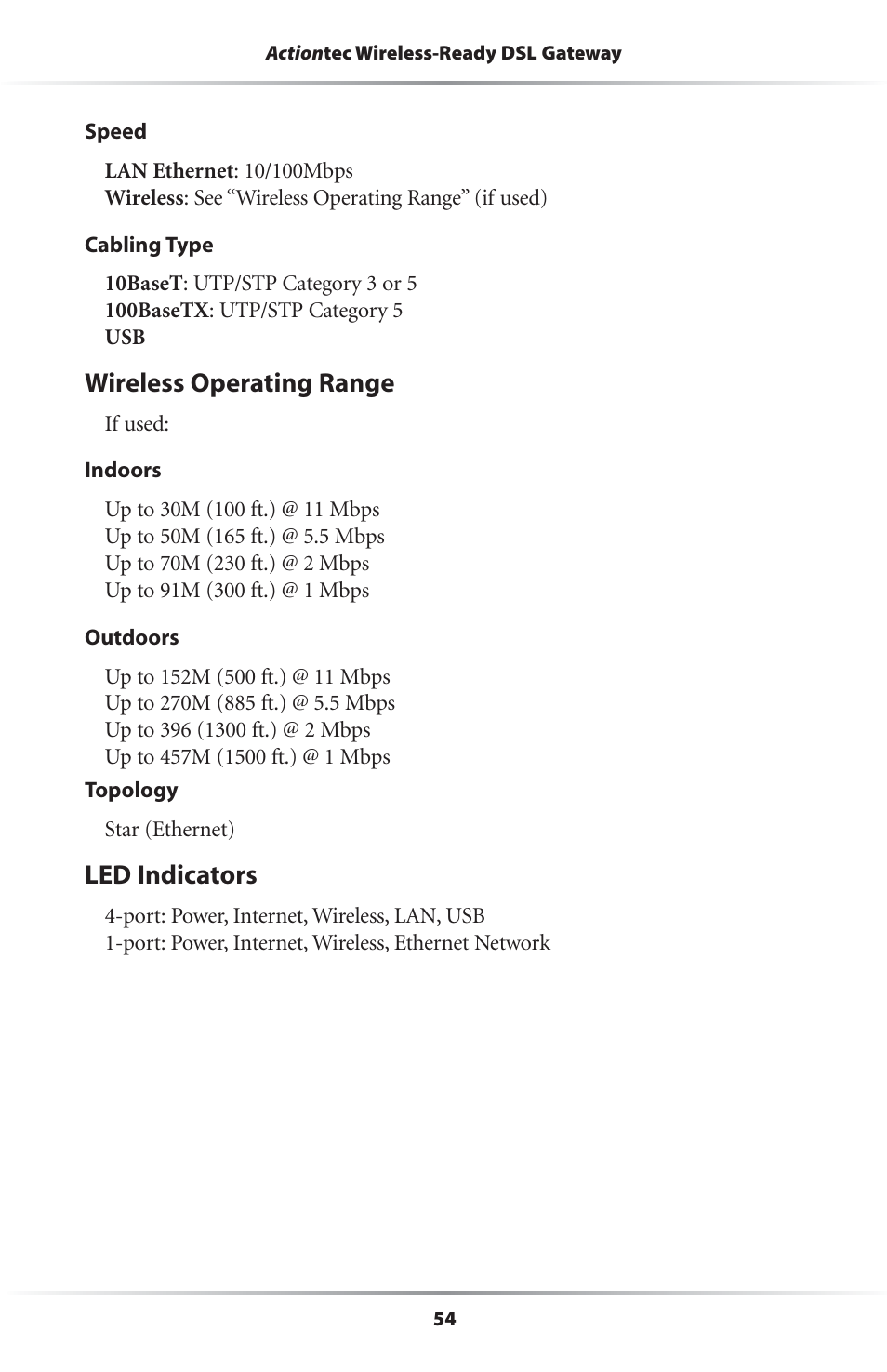 Wireless operating range, Led indicators | Actiontec electronic Wireless-Ready User Manual | Page 57 / 69