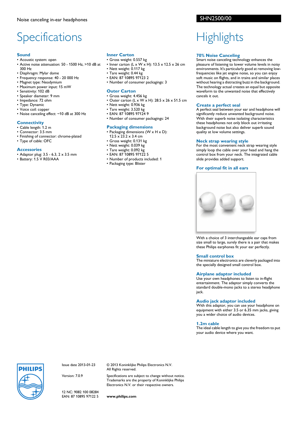 Specifications, Highlights | Philips SHN2500-00 User Manual | Page 2 / 2