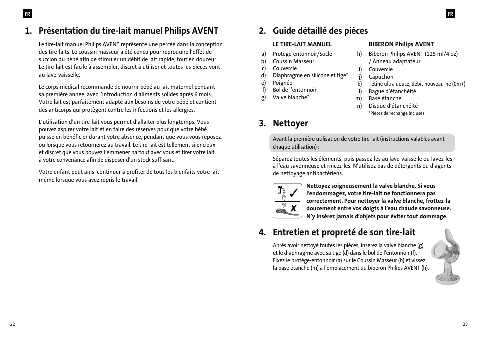 Présentation du tire-lait manuel philips avent, Guide détaillé des pièces, Nettoyer | Entretien et propreté de son tire-lait | Philips SCF310-20 User Manual | Page 14 / 20