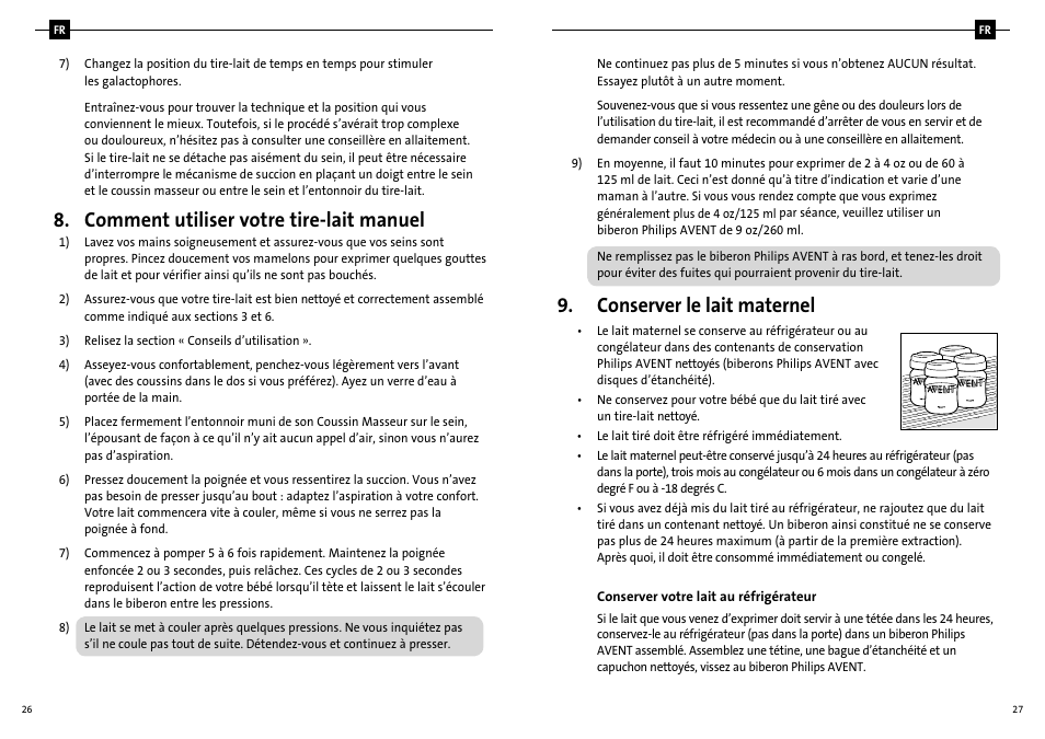 Comment utiliser votre tire-lait manuel, Conserver le lait maternel | Philips SCF310-20 User Manual | Page 16 / 20