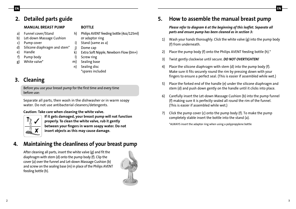 How to assemble the manual breast pump, Detailed parts guide, Cleaning | Maintaining the cleanliness of your breast pump | Philips SCF310-20 User Manual | Page 4 / 20