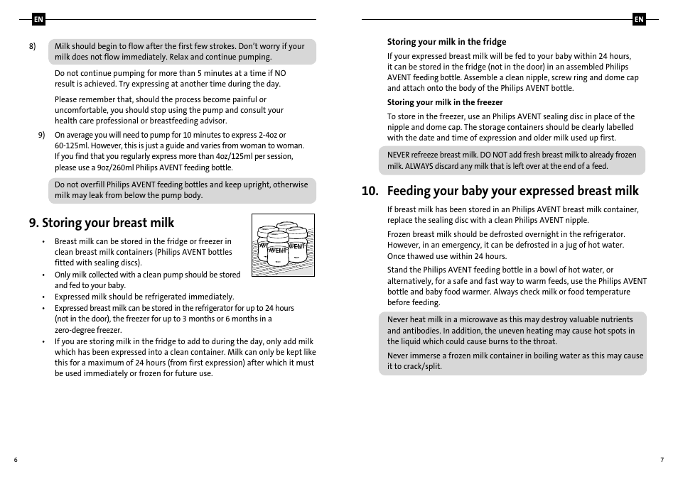 Storing your breast milk, Feeding your baby your expressed breast milk | Philips SCF310-20 User Manual | Page 6 / 20
